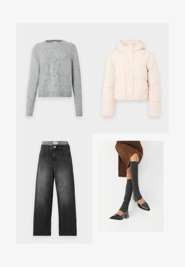 Šviesiai rudas pūkinis paltas su kapišonu, su siuvinėta danga, spaudimo mygtukais ir šoninėmis kišenėmis. Minkšta, paminkštinta tekstūra šilumai.; Šviesiai pilkas megztinis su ilgomis rankovėmis, apvalia iškirpte ir centriniu pynimo raštu priekyje.; Juodi džinsai su plačiomis kojomis ir houndstooth rašto juosmeniu. Pirmuose kišenėse ir su mygtuko uždarymu. Dėvėtas tekstūras.; Juodi lakuoti odiniai batai su aštriu kuma ir bloko kulnu, derinami su pilkais riebiais kojų šildytuvais ir rudais zomšiniais sijonais.