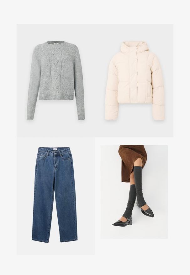 Beidzs puffer jaka ar kapuci, ar kvadrātveida šuvēm, pogām un sānu kabatām. Mīksta, polsterēta tekstūra siltumam.; Gaišs pelēks adīts džemperis ar garām piedurknēm, apaļu kakla izgriezumu un centrālu pīto rakstu priekšpusē.; Klasiskie zili džinsi ar taisnu kāju dizainu, pieciem kabatām un pogu aizdari. Iezīmējas ar vidēju mazgāšanu un izturīgu tekstūru.; Melnas laka ādas apavi ar norādītu purngalu, blokveida papēdi un potīšu jostu, saskaņoti ar pelēkām ribotām kāju sildītājām un brūnu zamšādas svārku.