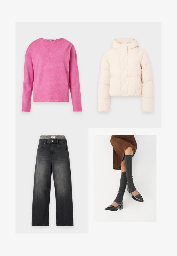Beige pufferjack met een capuchon, voorzien van een gewatteerd ontwerp, drukknoopsluiting en zijzakken. Zacht, gewatteerd materiaal voor warmte.; Roze gebreide trui met een V-hals, lange mouwen, geribbelde manchetten en een zachte textuur. Het ontwerp heeft een iets losse pasvorm.; Zwarte denim wijde jeans met een houndstooth patroon op de tailleband. Kenmerken zijn onder andere voorzakken en een knoopsluiting. Beschadigd textuur.; Zwarte gepatineerde leren pumps met een puntige neus, een blokhak en een enkelbandje, gecombineerd met grijze geribde beenwarmers en een bruine suède rok.