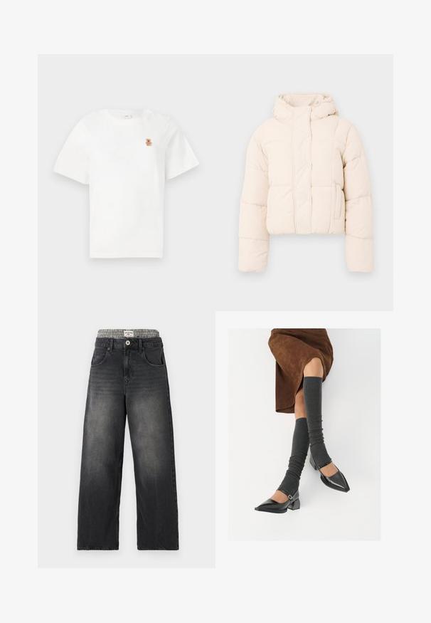 Beige pufferjakke med hætte, prydet med en quiltet design, trykknapper og sidelommer. Blød, polstret tekstur for varme.; Hvid kortærmet T-shirt med en lille brun teddy-bjørn broderet på venstre brystområde. Enkel og afslappet stil.; Sorte denim bredbenede jeans med et houndstooth-mønster i taljen. Funktioner inkluderer sidelommer og en knaplukning. Slidt tekstur.; Sorte patenterede lædersko med spids tå, blokhæl og ankelrem, kombineret med grå ribbede benvarmere og en brun ruskinds nederdel.