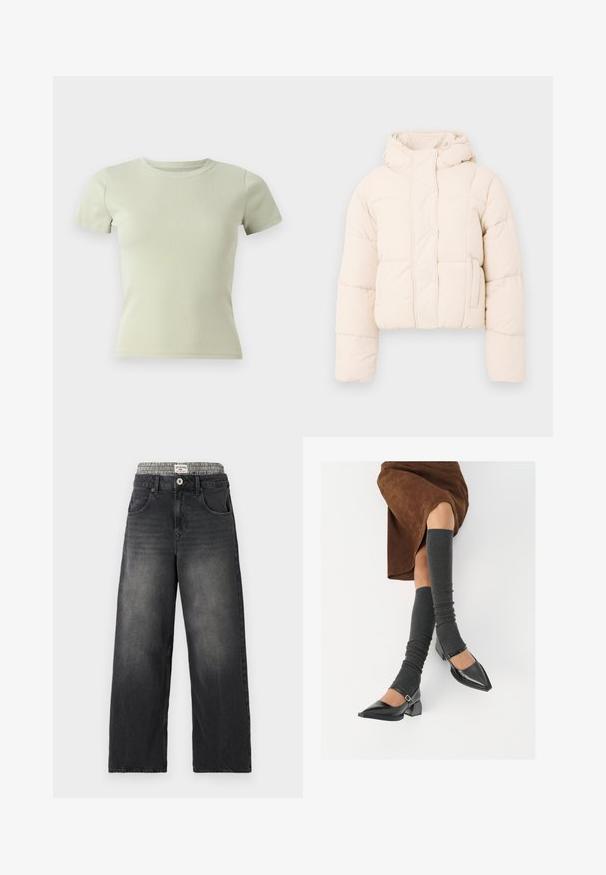 Beidzs puffer jaka ar kapuci, ar kvadrātveida šuvēm, pogām un sānu kabatām. Mīksta, polsterēta tekstūra siltumam.; Gaiši zaļš īsām piedurknēm T-krekls, apaļa apkakle, pieguļoša forma, izgatavots no ribota auduma, bez rakstiem vai papildu akcentiem.; Melna džinsa platā kāja ar houndstooth raksta jostasvietu. Īpašības ietver priekšējās kabatas un pogu aizdari. Iezīmēta ar nolietotu tekstūru.; Melnas laka ādas apavi ar norādītu purngalu, blokveida papēdi un potīšu jostu, saskaņoti ar pelēkām ribotām kāju sildītājām un brūnu zamšādas svārku.