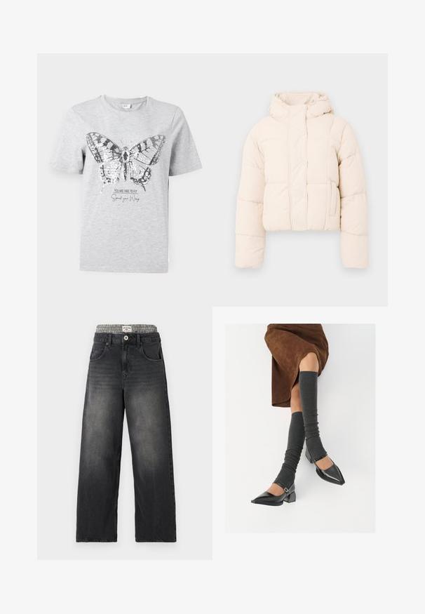 Beige pufferjack met een capuchon, voorzien van een gewatteerd ontwerp, drukknoopsluiting en zijzakken. Zacht, gewatteerd materiaal voor warmte.; Grijze katoenen t-shirt met een vlinderafdruk en sequins. Onder de afbeelding staat "JE BENT VRIJ OM TE VLIEGEN Spreid je Vleugels."; Zwarte denim wijde jeans met een houndstooth patroon op de tailleband. Kenmerken zijn onder andere voorzakken en een knoopsluiting. Beschadigd textuur.; Zwarte gepatineerde leren pumps met een puntige neus, een blokhak en een enkelbandje, gecombineerd met grijze geribde beenwarmers en een bruine suède rok.
