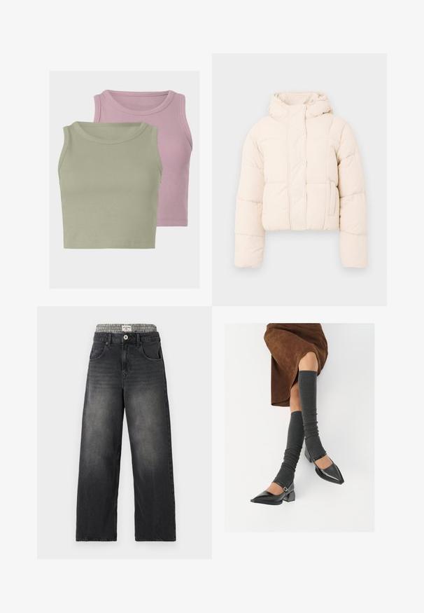 Bees värvi puffer-jakk, millel on kapuuts, tikandiga disain, nööbid ja küljetaskud. Pehme, padjakattega tekstuur soojustamiseks.; Kaks ilma varrukat ribakujulist lühikest topsi, üks helesinise ja teine helesinise tooni, näidates pehmet tekstuuri ja ümmarguseid kaelusi.; Mustad denimist laiad püksid, millel on kassi-loomakaubaga vöökoht. Omadused hõlmavad eespool taskuid ja nuppleclosingut. Kulunud tekstuur.; Mustad patsaline odav värviga kingad, millel on kreen ja pahkluuring, on paaritatud hallide ribakudumitega sääremiidega ja pruunist nahast seelikuga.