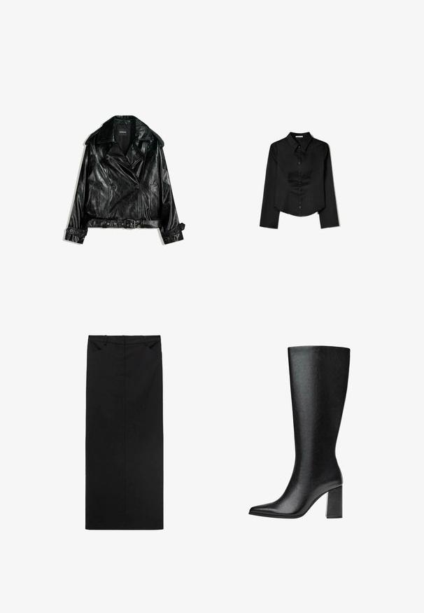Schwarze Leder-Cropped-Bikerjacke mit doppelreihigem Design, großen Revers, Knopfakzenten und einem taillierten Gürtel. Glatte Textur.; Schwarzes Langarmshirt aus glattem Stoff, mit spitzem Kragen, vorderem Knopfverschluss und einem gekürzten Saum mit seitlichen Schlitzen.; Schwarzer Midi-Rock aus glattem Stoff mit geradem Schnitt, ausgestattet mit einem Bund und zwei vorderen Taschen. Minimalistisches Design ohne Muster.; Schwarze kniehohe Stiefel aus Kunstleder mit spitzer Zehe, glatter Oberfläche und blockartigem Absatz. Minimalistisches Design ohne sichtbare Akzente.