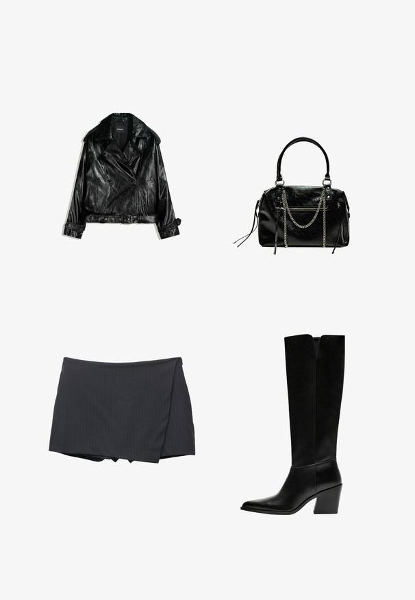 Czarna skórzana kurtka motocyklowa o krótkim kroju z podwójnym zapięciem, dużymi klapami, akcentami guzików i paskiem w talii. Gładka struktura.; Czarna longsleeve z gładkiego materiału, z wyraźnym kołnierzykiem, z przodem zapinanym na guziki oraz skróconym dołem z bocznymi rozcięciami.; Czarna spódnica mini w paski, zapinana na krzyż, wykonana z gładkiego materiału. Posiada czyste wykończenie i brak widocznych zapięć.; Czarne kozaki do kolan wykonane z gładkiej skóry, z ostro zakończonym noskiem, blokowym obcasem i wycięciem w kształcie litery V na górze.; Bershka - Torebka