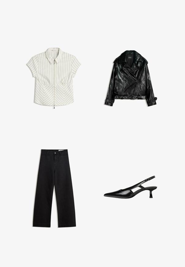 Giubbotto biker in pelle nera, cropped, con design doppiopetto, ampie rever, dettagli con bottoni e vita con cintura. Texture liscia.; Blusa bianca a maniche corte con strisce verticali e a zigzag, dotata di una cerniera frontale, colletto a punta e due tasche frontali.; Pantaloni in denim neri a gamba larga con vita alta, dotati di tasche anteriori e posteriori, cuciture a punto, e chiusura con bottone. Texture liscia.; Tacchi slingback in pelle verniciata nera con punta affusolata, design con tagli laterali e tacco quadrato piccolo. Texture liscia con dettagli minimi.