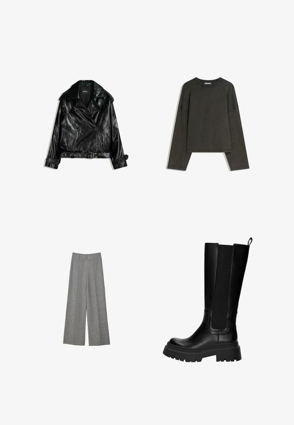 Veste de motard en cuir noir, courte, avec un design à double boutonnage, de grands revers, des accents de boutons et une taille ceinturée. Texture lisse.; Haut à manches longues gris foncé en tissu mélangé coton. Forme oversize avec un col rond et des épaules basses, présentant des coutures visibles.; Pantalons gris à jambe large en tissu texturé. Présente des plis sur le devant, une ceinture et aucun fermoir visible.; Bottes en cuir noir hautes jusqu'aux genoux avec panneaux latéraux élastiques, semelle en caoutchouc robuste et un talon épais. Texture lisse avec des détails de couture minimaux.