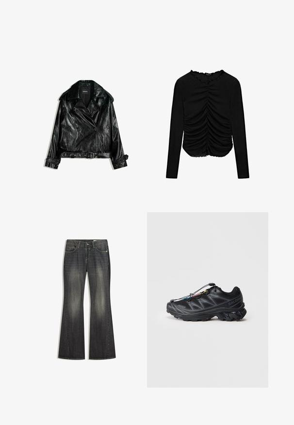 Sort læder cropped bikerjakke med dobbeltknaplukning, store kraver, knapdetaljer og belted liv. Glat tekstur.; Sort langærmet top med en rynket design foran og en bølget udskæring, lavet af blødt, strækbart materiale.; Sorte denim jeans med flared ben og en let falming, fem lommer og kontraststing, med standard knap og lynlås lukning.; Sort atletisk sko med en struktureret mesh-overdel, forstærket tå og et hurtigt snørresystem. Har en robust ydersål og let hælforhøjelse.