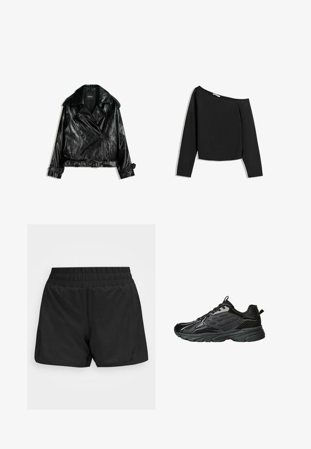 Zwarte leren cropped motorjack met een dubbele knopenrij, grote revers, knoopdetails en een ceintuur in de taille. Gladde textuur.; Zwarte off-shoulder lange mouwen top, gemaakt van zachte stof. Heeft een cropped ontwerp met een brede hals en aansluitende mouwen.; Zwarte sportshorts met een elastische tailleband, een gladde textuur en zijzakken. Heeft een lengte tot halverwege de bovenbenen en een minimalistisch ontwerp.; Zwarte sportschoenen met een gemengd materiaalontwerp van suede en mesh, textuurelementen, een gewatteerde kraag en een duurzame rubberen zool.