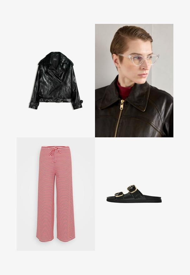 Giubbotto biker in pelle nera, cropped, con design doppiopetto, ampie rever, dettagli con bottoni e vita con cintura. Texture liscia.; Due magliette a maniche corte, una bianca e una nera, realizzate in cotone. Entrambe presentano un colletto rotondo e un design semplice e classico.; Gina Tricot Petite STRIPED SOFT TROUSERS - Pantaloni - white/red; Infradito neri con due accenti di fibbia dorata, materiale dalla texture liscia, suola piatta e design minimalista.; Occhiali cat-eye in acetato trasparente con lenti gialle, indossati da una persona con giacca di pelle nera e dolcevita rossa. Texture liscia.