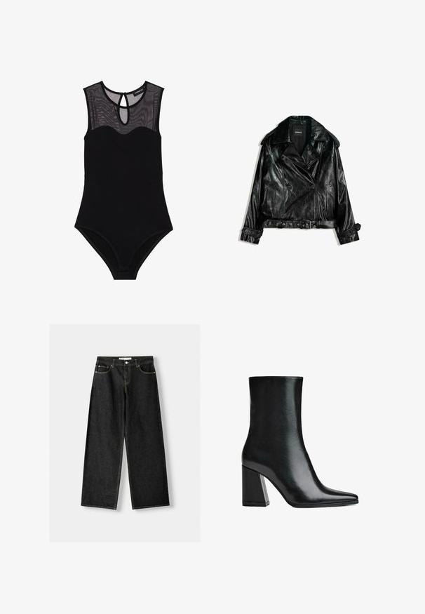 Sort læder cropped bikerjakke med dobbeltknaplukning, store kraver, knapdetaljer og belted liv. Glat tekstur.; Sort bodysuit med mesh yoke, ærmeløs design, scoop halsudskæring og nøglehul-ryg. Indeholder glat, strækbart stof og minimal dekoration.; Sorte denim bukser med bred ben, der har fem lommer, metalknap og lynlås lukning samt kontrasterende gul syning langs sømmene.; Sort læder ankelstøvle med spids tå og høj blokhæl. Glat tekstur med en slank silhuet og et solidt basedesign.