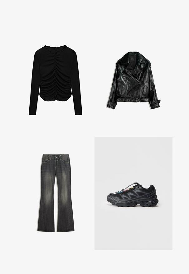 Giubbotto biker in pelle nera, cropped, con design doppiopetto, ampie rever, dettagli con bottoni e vita con cintura. Texture liscia.; Maglietta nera a maniche lunghe con un design arricciato sul davanti e un collo a onda, realizzata in materiale morbido ed elastico.; Jeans in denim scuro a gamba svasata con una leggera sfumatura, cinque tasche e cuciture a contrasto, dotati di chiusura standard a bottone e zip.; Scarpa sportiva nera con tomaia in mesh testurizzato, punta rinforzata e sistema di allacciatura rapida. Presenta una suola robusta e una leggera elevazione del tacco.