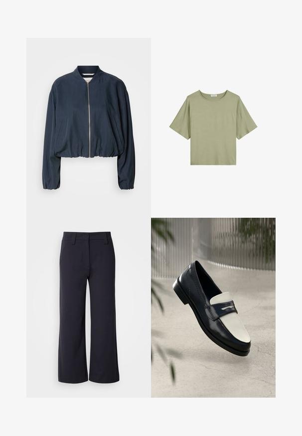Marineblauer Bomberjacke mit Reißverschluss, elastischem Saum und langen Ärmeln. Verfügt über Seitentaschen und eine glatte Textur.; Hellgrünes T-Shirt mit kurzen Ärmeln und Rundhalsausschnitt, aus weichem Material gefertigt, mit lockerem Schnitt und minimalistischem Design.; Weite Hosen aus dunklem Marineblau. Mit flachem Bund, Gürtelschlaufen und seitlichen Taschen. Das Material ist glatt und hat einen leichten Stretch.; Schwarzer und weißer Lederloafer mit dekorativem Stich, schwebend über einem Betonboden mit verschwommenen Pflanzen im Hintergrund.