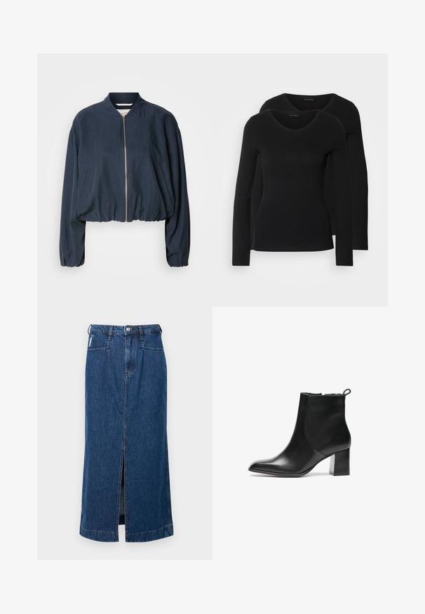 Navy bomber jacket with a zip closure, elasticated hem, and long sleeves. Features side pockets and a smooth texture.; Two black long-sleeve shirts with a V-neck design, made of soft, stretchy fabric, showing smooth texture and a fitted shape.; Denim midi skirt in dark blue, featuring a front slit, five-pocket design, and belt loops at the waist. Smooth, sturdy texture.; Black leather ankle boot with a rounded toe, a mid-height block heel, and a pull tab at the back. Smooth texture, minimal design.