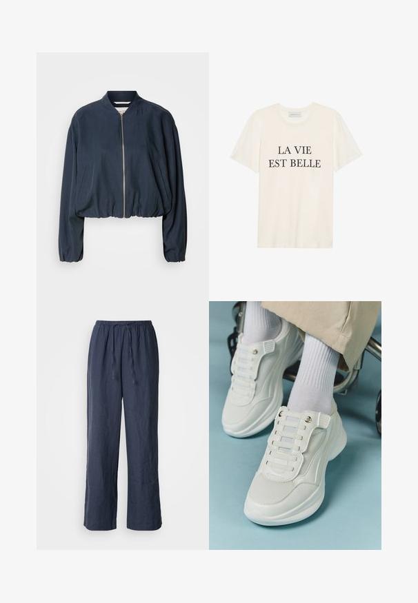 Marine bomberjakke med glidelås, elastisk hem og lange ermer. Har sidelommer og en jevn tekstur.; Kremfarget bomulls T-skjorte med korte ermer og rund hals. Har svart tekst "LA VIE EST BELLE" sentrert på fronten.; Mørkeblå linbukser med elastisk midjebånd, snor i lukking, vid bendesign og teksturert overflate.; Hvite sneakers med mesh-materiale, gummisåle, snøret design uten laces og elastiske bånd, samt gulltone detaljer.