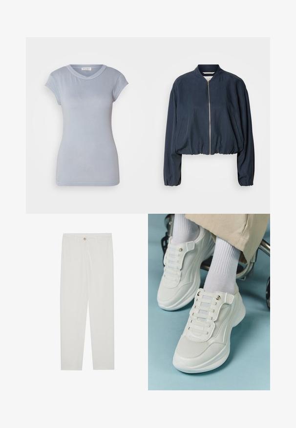 Navy bomber jacket with a zip closure, elasticated hem, and long sleeves. Features side pockets and a smooth texture.; Light blue short-sleeve T-shirt with a round neckline and fitted shape, made of smooth fabric. Features a clean design and subtle stitching.; White, tailored trousers with a straight leg design, featuring a button closure, belt loops, and side pockets; smooth fabric texture.; White sneakers featuring a mesh material, rubber sole, lace-free design with elastic bands, and gold-toned accents.