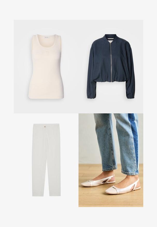 Marineblauer Bomberjacke mit Reißverschluss, elastischem Saum und langen Ärmeln. Verfügt über Seitentaschen und eine glatte Textur.; Rippentop ohne Ärmel in Creme. Verfügt über einen runden Ausschnitt und ein dezentes Logo in der Mitte. Glatte Textur mit einer taillierten Silhouette.; Weisse, maßgeschneiderte Hosen mit geradem Bein, die über einen Knopfverschluss, Gürtelschlaufen und Seitentaschen verfügen; glatte Stoffoberfläche.; Blassrosa Slingback-Ballerinas mit spitzem Punkt, aus einem glatten, lederähnlichen Material. Mit Ausschnitten an den Seiten und einem flachen Absatz.