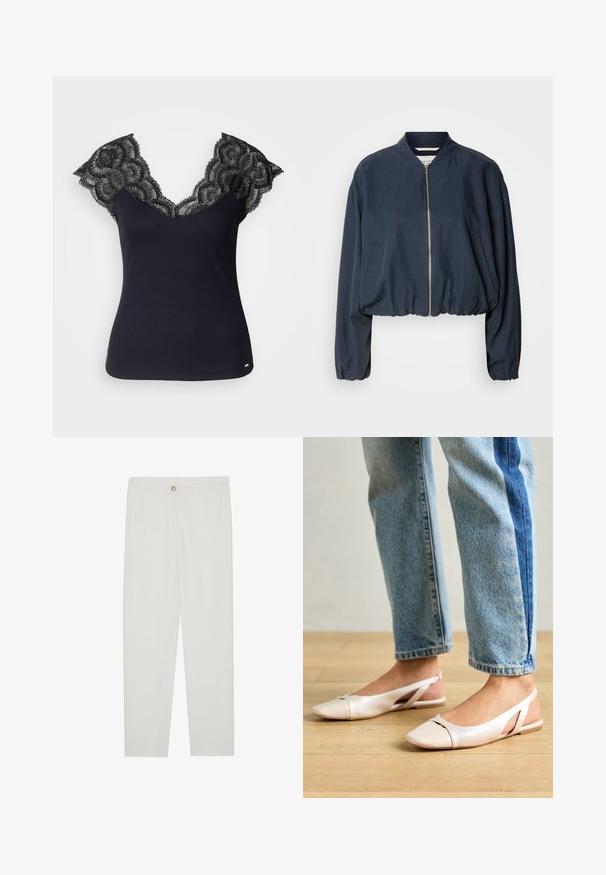 Marinblå bomberjacka med dragkedja, elastisk nederkant och långa ärmar. Har sidofickor och en slät yta.; Svart ribbad linne med djup V-ringning och spetsdetaljer vid axlarna samt udda kanter. Minimal hårdvarudekor vid fållen.; Vita, skräddarsydda byxor med rak benform, med knappstängning, bältesslingor och sidofickor; mjuk tygtextur.; Ljust rosa slingback-lägenheter med spetsig tå, tillverkade av ett slätt läderliknande material. Har utskurna detaljer på sidorna och en platt häl.