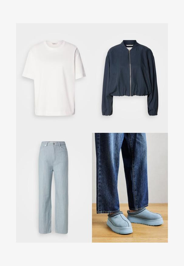 Veste aviateur marine avec fermeture éclair, ourlet élastiqué et manches longues. Présente des poches latérales et une texture lisse.; T-shirt en coton blanc avec des manches courtes, un col rond, une coupe décontractée et une texture lisse ; sans motifs ni éléments matériels visibles.; Jean droit en denim bleu clair. Comprend cinq poches, une fermeture à bouton en métal et un léger délavage pour la texture.; Chaussures UGG en daim bleu à enfiler avec des semelles épaisses, portées avec un jean bleu sur un sol en bois, sur fond uni.