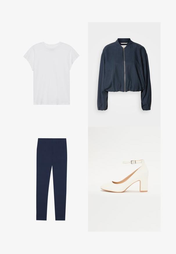 Marine bomberjakke med glidelås, elastisk hem og lange ermer. Har sidelommer og en jevn tekstur.; Hvit t-skjorte med korte ermer og rund hals, avslappet passform, laget av myk bomull. Glatt tekstur, uten mønstre eller logoer.; Marineblå bukser laget av glatt stoff, med en rett ben-design og flat front. Ingen synlige mønstre eller detaljer.; Hvit høyhælte sko med spiss tå, blokkhelle og ankelrem. Glatt overflate med en subtil glans og beige innvendig fôr.