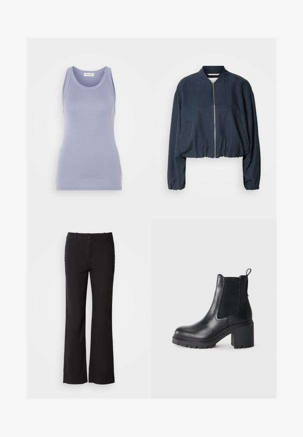 Marine bomberjack met een ritssluiting, elastische zoom en lange mouwen. Voorzien van zijzakken en een gladde textuur.; Licht lila top met spaghettibandjes en een aansluitend ontwerp, gemaakt van een soepele gebreide stof. Kenmerken zijn een ronde halslijn en brede schouderbandjes, minimale branding.; Zwarte katoenmix broek met een rechte pijpdesign, sluiting met een knop aan de voorkant en twee zijzakken. Soepele textuur, geen zichtbare patronen.; Zwarte leren enkellaars met een chunky hak, elastische zijpanelen en een treklipje aan de achterkant. Getextureerde zool voor extra grip.