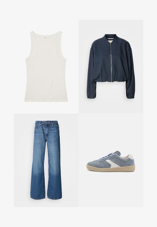 Giacca bomber navy con chiusura a zip, orlo elasticizzato e maniche lunghe. Dotata di tasche laterali e una texture liscia.; Top in cotone bianco a spalla larga con spalline sottili. Tessuto liscio senza motivi visibili o decorazioni.; Jeans a gamba larga di colore azzurro chiaro realizzati in denim. Presentano un alta vita, cuciture a vista e una cinta con nodo. Texture sbiadita verso il fondo.; Sneaker blu in suede con accenti bianchi, punta rotonda e suola testurizzata. Presenta lacci azzurri chiari e branding dorato sul lato.
