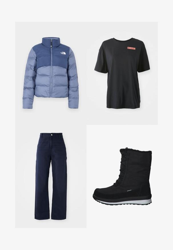 Dunjacka i mörk- och ljusblått med dragkedja fram och The North Face-logotyp på bröstet, utformad för kallt väder.; Svart bomullströja med korta ärmar, avslappnad passform och en röd rektangulär logotyp på vänster bröst. Slät textur och enkel design.; Marinblå vida cargobyxor i kraftig bomull, med sidofickor och knäppning i midjan.; CMP HARMA SNOW WP - Vinterstövlar - schwarz