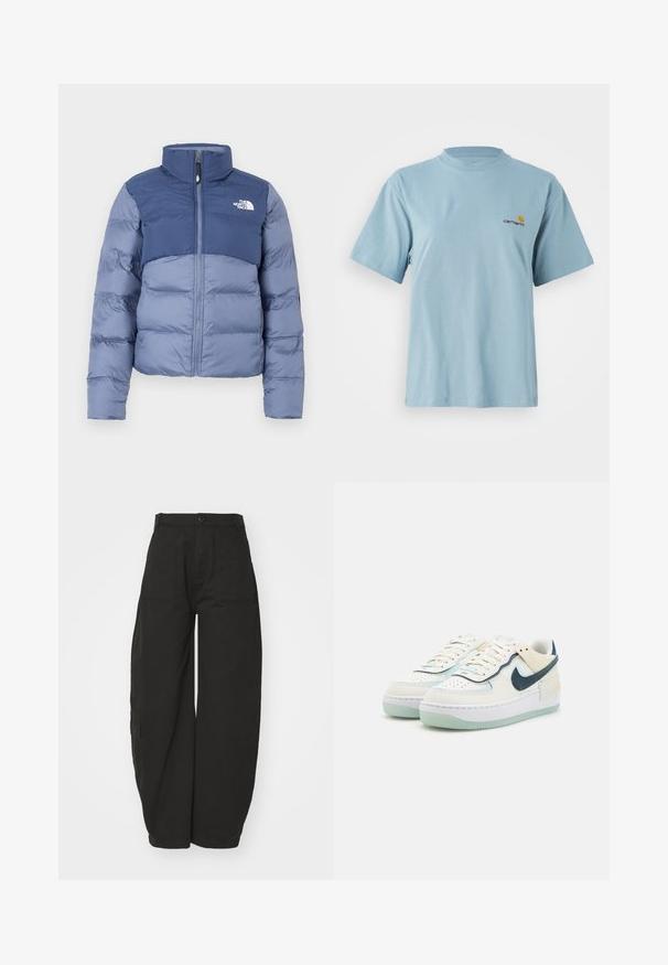 Tumesin ja helesinise värvuse kombinatsioonis paks jakk, millel on ees tõmblukk ja The North Face logo rinnal, mõeldud külma ilmaga.; Hele sinine lühikeste varrukatega puuvillane T-särk ümmarguse kaelusega ja vasakul rinnal väike kollane ja punane Carhartti logo.; Laiad mustad püksid, mis on valmistatud puuvillast, kõrge vöökohaga, esitnuppude sulgemisega ja küljetaskutega, pakkudes funktsionaalsust.; Valged sneakersid, millel on sile nahast ülemine osa, helesinised aktsendid, perforeritud varvaskast ja läbipaistev piparmündiroheline väljak. Omab silmapaistvat tumepunast swooshi.