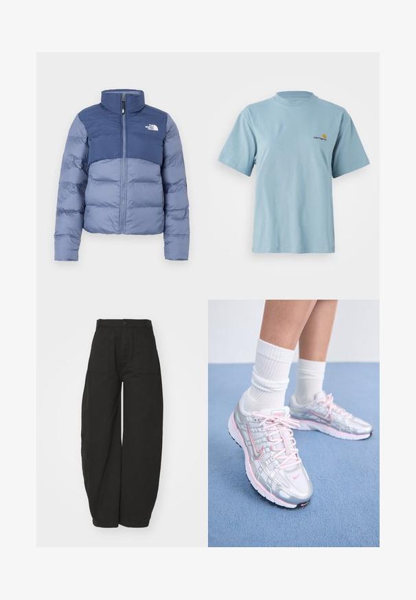 Pūķu jaka tumši un gaiši zilā krāsā ar rāvējslēdzēju priekšā un The North Face logo uz krūšu, paredzēta aukstiem laika apstākļiem.; Gaiši zils īsām piedurknēm kokvilnas T-krekls ar apaļu kaklu un mazu dzeltenu un sarkanu Carhartt logotipu uz kreisā krūtī.; Platām kājām melni bikses, izgatavotas no kokvilnas, ar augstu jostasvietu, priekšējo pogu aizdari un sānu kabatām funkcionalitātei.; Nike skriešanas apavi ar sudraba pārklājumu, rozā akcentiem, baltām šņorēm un fakturētu zoli. Valkāti ar baltām kokvilnas sporta zeķēm.