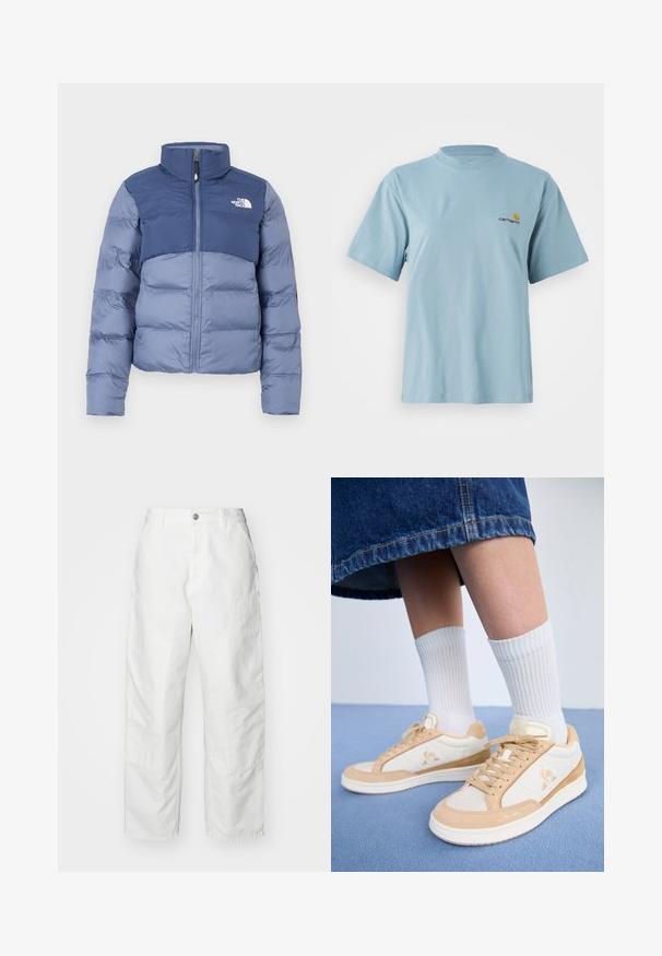 Geacă puffer în nuanțe de albastru închis și deschis cu fermoar frontal și logo-ul The North Face pe piept, concepută pentru vreme rece.; Tricou din bumbac, de culoare albastru deschis, cu mânecă scurtă, guler rotund și un mic logo Carhartt galben și roșu pe pieptul stâng.; Pantaloni cargo albi din denim, cu o croială relaxată, buzunare laterale și detalii de cusătură vizibile. Față simplă cu închidere prin buton.; Tenisi cu o schemă de culori bej și crem, realizati din materiale din velur și piele. Designul include un logo pe lateral și sireturi.