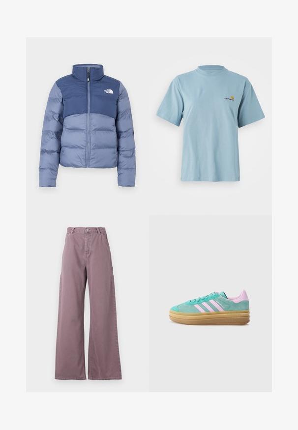 Casaco tipo puffer em azul escuro e claro, com fecho éclair na frente e o logótipo da The North Face no peito, projetado para clima frio.; T-shirt de algodão de manga curta azul claro com decote redondo e pequeno logótipo da Carhartt em amarelo e vermelho no lado esquerdo do peito.; Calças largas em algodão rosa poeirento, com fecho frontal por botão, bolsos laterais e detalhes cosidos ao longo das costuras.; adidas Originals GAZELLE BOLD - Sapatilhas - powder teal/bliss lilac/pure teal