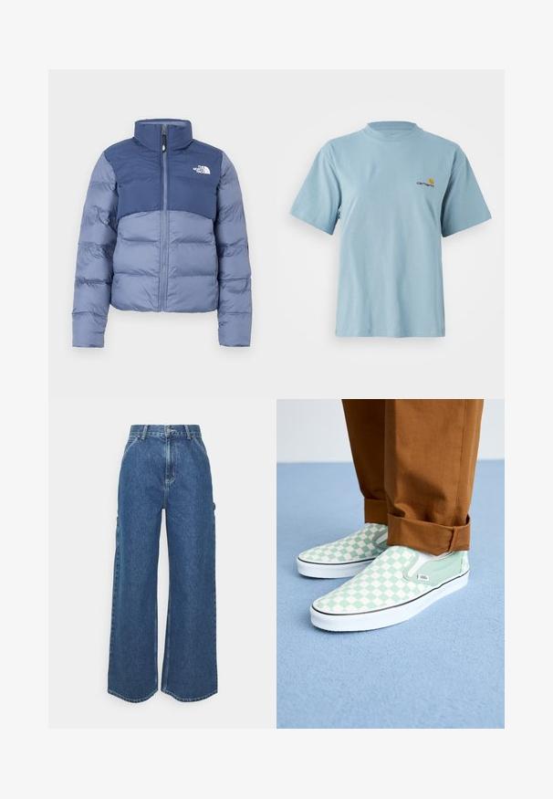 Pufová bunda v tmavomodrej a svetlomodrej farbe so zipsom na prednej strane a logom The North Face na hrudi, navrhnutá na chladné počasie.; Svetlomodré tričko s krátkym rukávom z bavlny s okrúhlym výstrihom a malým žltým a červeným logom Carhartt na ľavej hrudi.; Dlhé modré džínsy so širokými nohavicami a vysokým pásom, s kontrastným prešívaním a bočnými vreckami, s klasickým dizajnom piatich vreciek a surovými lemami.; Nohy v hnedých nohaviciach s manžetami, obuté v pastelovo zelených a bielych kockovaných slip-on teniskách Vans, stoja na svetlom modrom koberci.
