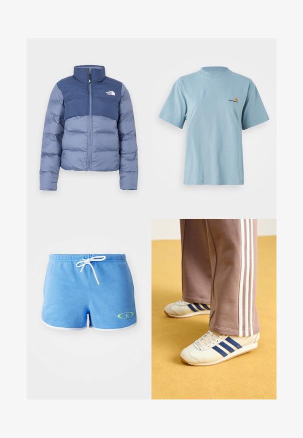 Pufi bunda ve tmavě a světle modré barvě s předním zipem a logem The North Face na hrudi, navržená pro chladné počasí.; Světle modré tričko s krátkým rukávem z bavlny, kulatým výstřihem a malým žlutým a červeným logem Carhartt na levé straně hrudi.; Světlé modré bavlněné šortky s bílou šňůrkou, s bílým lemováním a logem s zeleným akcentem na dolní levé straně.; Krémové tenisky s modrými semišovými pruhy, bílými tkaničkami a gumovou podrážkou. Spárovány se šedými tepláky s bílými bočními pruhy.