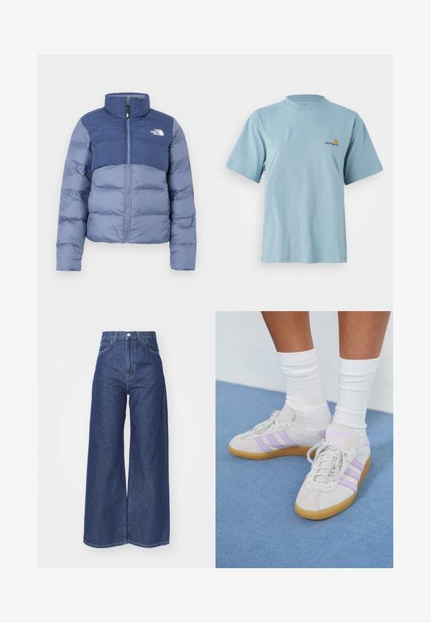 Pufi bunda ve tmavě a světle modré barvě s předním zipem a logem The North Face na hrudi, navržená pro chladné počasí.; Světle modré tričko s krátkým rukávem z bavlny, kulatým výstřihem a malým žlutým a červeným logem Carhartt na levé straně hrudi.; Široké džíny vyrobené z tmavě modrého denimu. Vysoký pas s zipem a knoflíkovým zapínáním. Obsahují klasický pětikusý styl a obroubené okraje.; Světlé šedé semišové tenisky s třemi lila pruhy, gumovou podrážkou, plochými tkaničkami a bílými žebrovanými ponožkami. Na modrém pozadí.