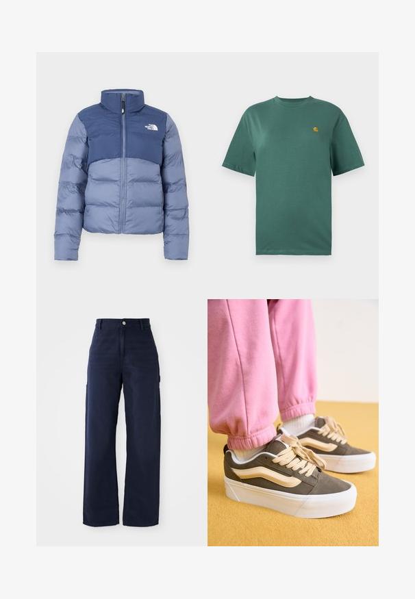 Puffer-takki tummansinisen ja vaaleansinisen sävyissä, vetoketjukiinnityksellä ja The North Face -logo rinnassa, suunniteltu kylmiä sääolosuhteita varten.; Teal puuvillane T-särk lühikeste varrukatega, ümar kaelus ja väike kollane logo vasakul rinnal. Sile tekstuur ja mugav lõige.; Laivastonsininen, leveälahkeinen cargo-housu, jossa on kestävä puuvillakangas, sivutaskut ja nappikiinnitys vyötäröllä.; Valkat, joissa on oliivinvihreä mokkahuppu, kermaiset yksityiskohdat ja paksu valkoinen pohja. Puettuna vaaleanpunaisiin käännettyihin collegehousuihin, seisoo keltaisella pinnalla.