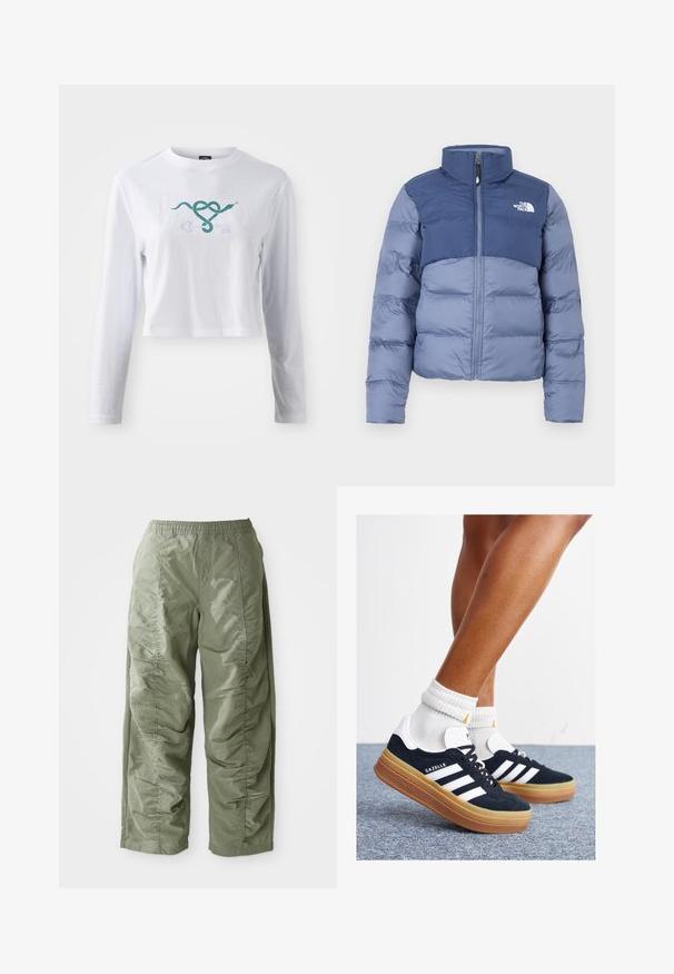 Sötét és világoskék színű, cipzáras elülső résszel rendelkező pufi dzseki, a The North Face logóval a mellkasán, amely hideg időjárásra van tervezve.; Fehér, hosszú ujjú, rövid fazonú pamut póló, elöl zöld kígyó grafikával, amely egy kulcsformával van összefonva.; Olívazöld, könnyű anyagú nadrág, elasztikus derékrésszel, oldalt redőzött textúrával és bő szárú fazonnal.; Fekete velúr sportcipő fehér csíkokkal és díszítésekkel, lekerekített orral, gumitalpú külső résszel, fehér bordázott bokazoknival párosítva.