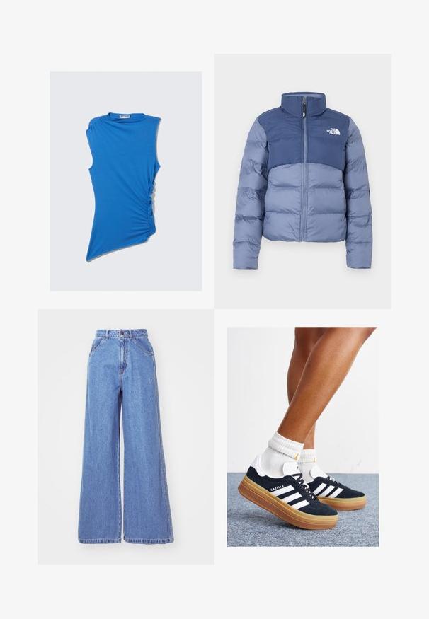 Giacca a vento con maniche in blu scuro e blu chiaro, con chiusura a zip e logo The North Face sul petto, progettata per il freddo.; Top blu senza maniche realizzato in tessuto morbido, caratterizzato da arricciature laterali e un orlo asimmetrico per un design moderno e unico.; adidas Originals Jeans a sigaretta - light denim; Sneakers in pelle scamosciata nera con strisce e dettagli bianchi, punta arrotondata, suola in gomma color gomme, abbinate a calzini bianchi a coste alla caviglia.