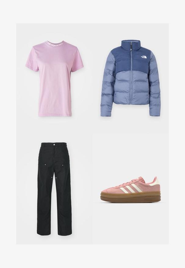 Tumesin ja helesinise värvuse kombinatsioonis paks jakk, millel on ees tõmblukk ja The North Face logo rinnal, mõeldud külma ilmaga.; Hele roosa lühikeste varrukatega t-särk ümmarguse kaelusega, millel kaeluses valge kiri "THE NORTH FACE". Pehme puuvillane materjal.; Mustad püksid sirge säärega, valmistatud tekstuurses kangas. Dekoratiivsed hõbedased detailid ja ainulaadne õmblusteenus.; adidas Originals GAZELLE BOLD - Tossud - mauve/off white