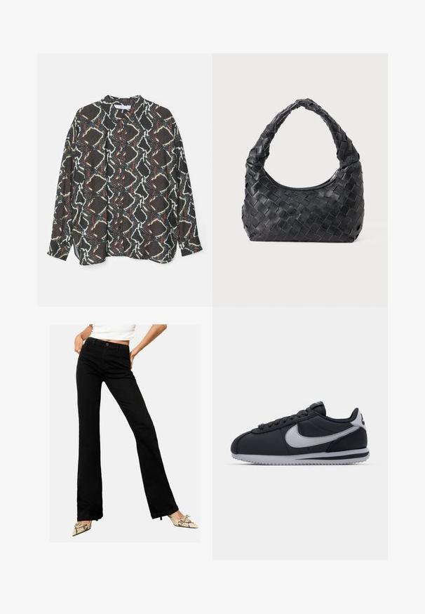 Hahnentrittmuster Mantel in Schwarz und Creme mit langem, lässigem Schnitt. Mit Reverskragen und Seitentaschen. Satin-Innenfutter.; Gemustertes Hemd mit Knopfleiste, das ein abstraktes Design in Schwarz, Weiß und Rot zeigt. Hergestellt aus leichtem Stoff mit lockerer Passform und langen Ärmeln.; Schwarze weit geschnittene Jeans aus Denim, mit einem Frontknopfverschluss und einem Fünf-Taschen-Design, vor einem neutralen Hintergrund präsentiert.; Schwarzer Sportschuh mit grauen Akzenten, glattes synthetisches Obermaterial, strukturierte Sohle, abgerundete Zehenpartie und flache Schnürsenkel. Klassisches Design mit Logodetails.; Schwarze Leder Schultertasche mit geflochtenem Tragegriff und halbrunder Form auf einem einfarbigen Hintergrund.