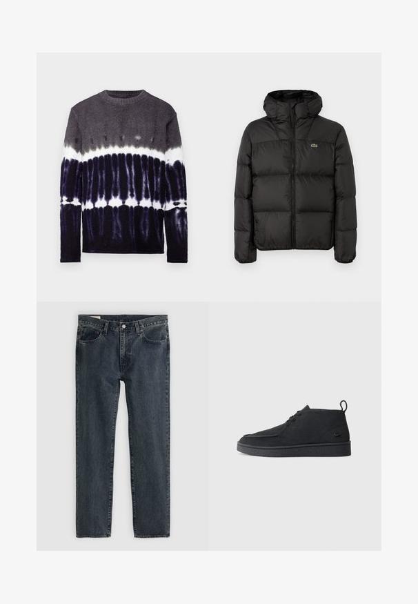 Zwarte gewatteerde jas met een capuchon, voorzien van een ritssluiting, doorgestikte ontwerp en een klein groen logo op de linkerborst. Soepele, gewatteerde textuur.; Langsleeve trui met een gradient tie-dye patroon in grijstinten, zwart en wit; zachte textuur en ronde halslijn.; Donkerblauwe denim jeans met een recht model, vijf zakken en een knoopsluiting. De stof toont een subtiele vervaging en textuur.; Zwarte suède veterschoenen tot de enkel met een trekband en een gestructureerde zool, met een klein reliëf krokodillenlogo aan de zijkant.