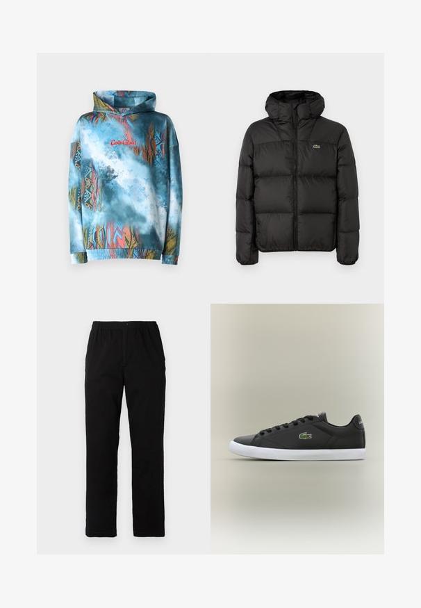 Giacca a vento nera con cappuccio, dotata di chiusura con zip, design trapuntato e un piccolo logo verde sul lato sinistro del petto. Texture liscia e imbottita.; Felpa con cappuccio caratterizzata da un motivo astratto blu e multicolore. Tessuto morbido, polsini e orlo elastici, con design del testo rosso.; Pantaloni neri realizzati in un tessuto misto cotone, caratterizzati da un taglio dritto, vita elastica con bottone e senza motivi o dettagli visibili.; Sneaker nere in pelle con suola in gomma bianca, dotate di logo verde a forma di coccodrillo e lacci rotondi, design elegante con texture liscia.