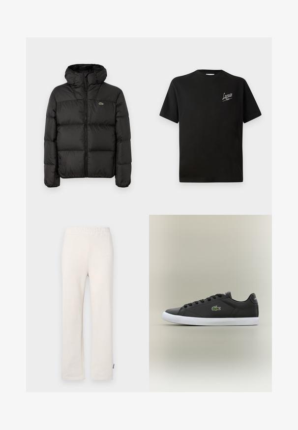 Čierna páperová bunda s kapucňou, s predným zipsom, prešívaným dizajnom a malým zeleným logom na ľavom prsníku. Hladká, podšitá textúra.; Čierne bavlnené tričko s krátkymi rukávmi, na ľavej strane hrude s potlačou bieleho loga "Lacoste". Dizajn s okrúhlym výstrihom.; Béžové bavlnené tepláky s elastickým pásom a vyšitým logom. Rovný strih s hladkou textúrou a jemnými švovými detailmi.; Čierne kožené tenisky s bielou gumovou podrážkou, s logom zeleného krokodíla a okrúhlymi šnúrkami, elegantný dizajn s hladkou textúrou.