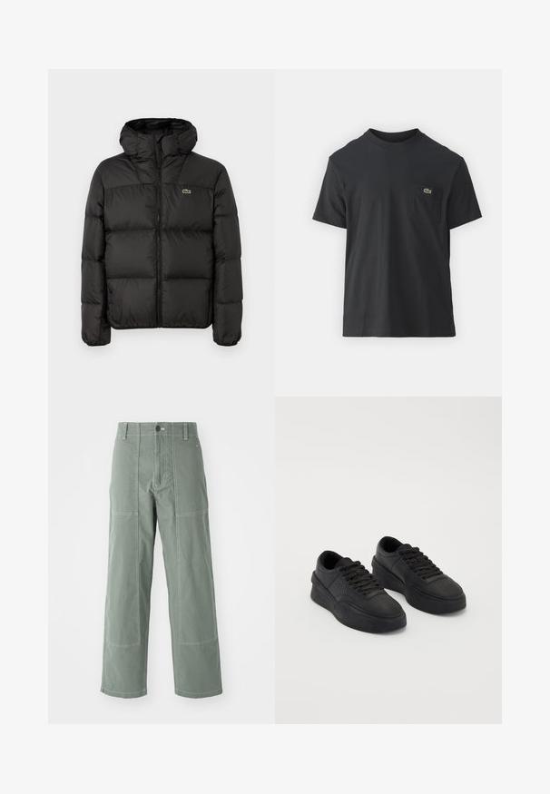 Crna puffer jakna s kapuljačom, sa zatvaranjem na zip, kviltanim dizajnom i malim zelenim logom na lijevoj strani prsnog koša. Glatka, podstavljena tekstura.; Crna pamučna majica s kratkim rukavima, okruglim izrezom i malim zelenim logotipom na lijevoj strani džepa. Jednostavan dizajn, regularni kroj.; Zelene cargo hlače s opuštenim krojem, koje imaju zakovice, kontrastne šavove, prednje kopčanje na dugme i ravne nogavice.; Crne tenisice od glatke kože s gumom za amortizaciju. Značajke uključuju ravne vezice, perforacije na prstima i elegantnu siluetu.