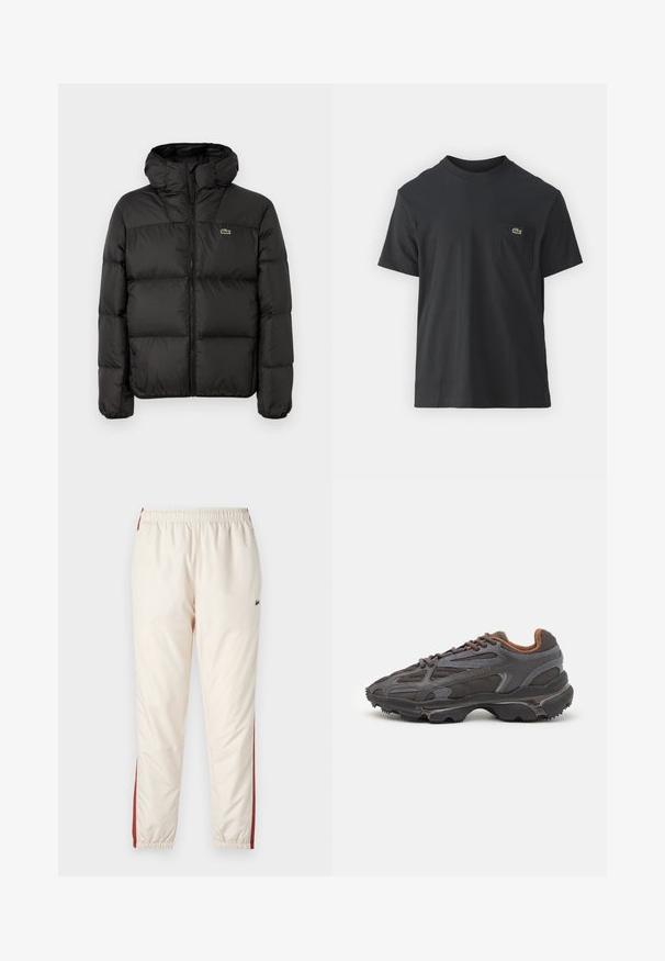 Črna puhovka s kapuco, z zadrgo, prešito zasnovo ter majhnim zelenim logotipom na levem prsnem delu. Gladka, oblazinjena tekstura.; Črna bombažna majica s kratkimi rokavi, okroglo ovratnikom in majhnim zelenim logotipom na levem žepu. Preprost dizajn, redna prileganje.; Svetlo bež trenirke z elastičnim pasom, z rdečimi stranskimi črtami in majhnim logotipom. Gladka, sijoča tekstura. S privitimi gležnji.; Lacoste teniske v temno sivi barvi z mrežasto in sintetično prevleko, s teksturiranim podplatom in rjavimi detajli na ovratniku ter blagovni znamki.