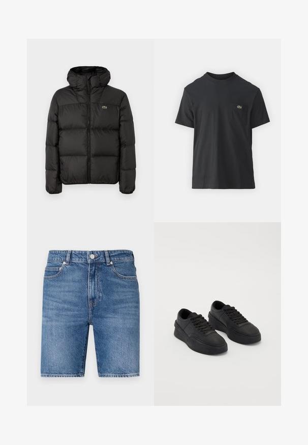 Čierna páperová bunda s kapucňou, s predným zipsom, prešívaným dizajnom a malým zeleným logom na ľavom prsníku. Hladká, podšitá textúra.; Čierne bavlnené tričko s krátkymi rukávmi, okrúhlym výstrihom a malým zeleným logom na ľavej náprsnej kapsičke. Jednoduchý dizajn, bežný strih.; Džínové šortky v stredne modrom praní so strižením v rovnom strihu, dizajnom s piatimi vreckami a uzáverom na horný gombík. Obsahujú kontrastné šitie.; Čierne tenisky z hladkej kože s polstrovanou podrážkou. Medzi vlastnosti patrí ploché šnúrky, perforácie na špičke a elegantný silueta.