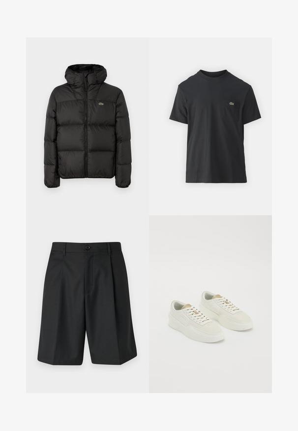 Black puffer jacket with a hood, featuring a zip closure, quilted design, and a small green logo on the left chest. Smooth, padded texture.; Black cotton t-shirt with short sleeves, round neckline, and a small green logo on the left chest pocket. Simple design, regular fit.; Samsøe Samsøe MANDLA - Shorts - black; Pair of off-white low-top sneakers with beige accents, thick soles, and white laces on a plain white background.