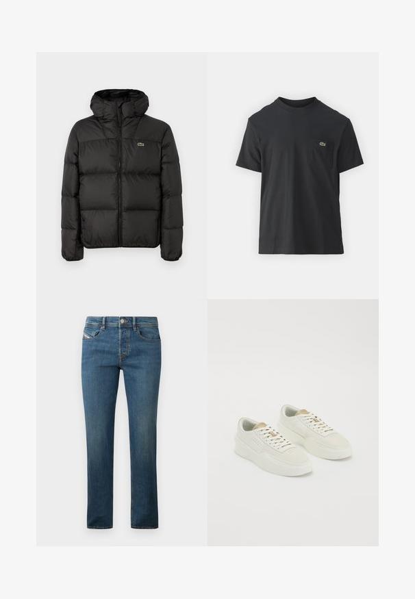 Μαύρο παλτό με κουκούλα, διαθέτει φερμουάρ, ραμμένο σχέδιο και μικρό πράσινο λογότυπο στη αριστερή πλευρά του στήθους. Λείος, γεμισμένος υφή.; Μαύρο βαμβακερό t-shirt με κοντά μανίκια, στρογγυλή λαιμόκοψη και μικρό πράσινο λογότυπο στην αριστερή τσέπη του στήθους. Απλός σχεδιασμός, κανονική εφαρμογή.; Σκούρο μπλε τζιν παντελόνι με ίσια γραμμή, σχεδίαση πέντε τσεπών και διακριτική φθορά. Διαθέτει μεταλλικό κουμπί και θηλιές ζώνης.; Ζευγάρι εκρού χαμηλών sneakers με μπεζ λεπτομέρειες, παχιές σόλες και λευκές κορδόνες σε λευκό φόντο.