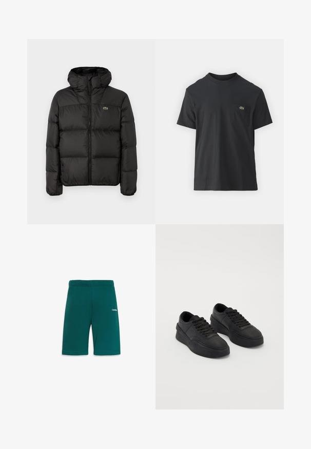 Doudoune noire avec capuche, dotée d'une fermeture éclair, d'un design matelassé et d'un petit logo vert sur la poitrine gauche. Texture lisse et rembourrée.; T-shirt en coton noir à manches courtes, col rond, avec un petit logo vert sur la poche gauche de la poitrine. Design simple, coupe regular.; Shorts de sport teal avec une taille élastique, présentant une texture lisse et un petit logo blanc sur le côté droit à l'avant.; Baskets noires en cuir lisse avec une semelle rembourrée. Les caractéristiques comprennent des lacets plats, des perforations sur la pointe et une silhouette élégante.