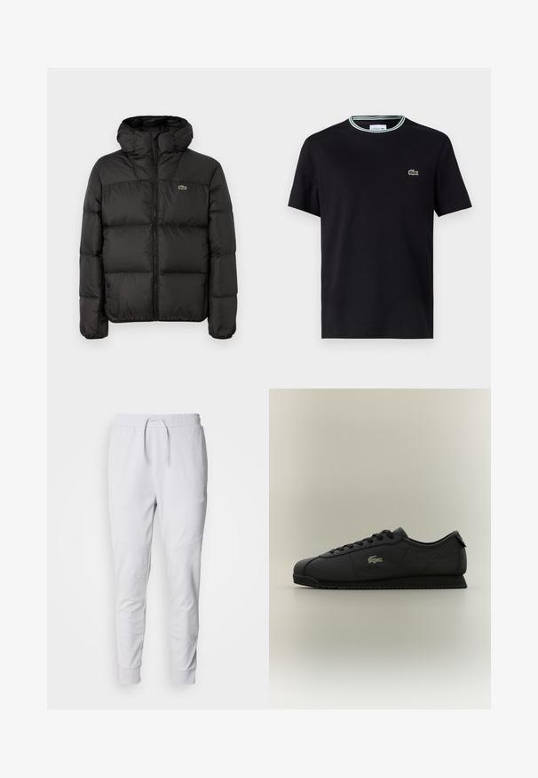 Melnā pūkainā jaka ar kapuci, ar rāvējslēdzēju, kviltotā dizainā un nelielu zaļu logotipu kreisajā krūšu pusē. Gluda, polsterēta tekstūra.; Melna kokvilnas T-krekls ar apaļu kakla izgriezumu, ar baltu un zaļu svītru apdari un izšuvumu zaļa krokodila logotipu kreisajā krūšu pusē.; Baldas balti jogginga bikses, izgatavotas no mīkstas auduma, ar elastīgu jostu un auklu, divām sānu kabatām un ribotām aprocēm pie potītēm.; Melnas zemas tenisa kedas ar šņorēm priekšpusē, teksturēta zole un zelta krokodila logo sānos.