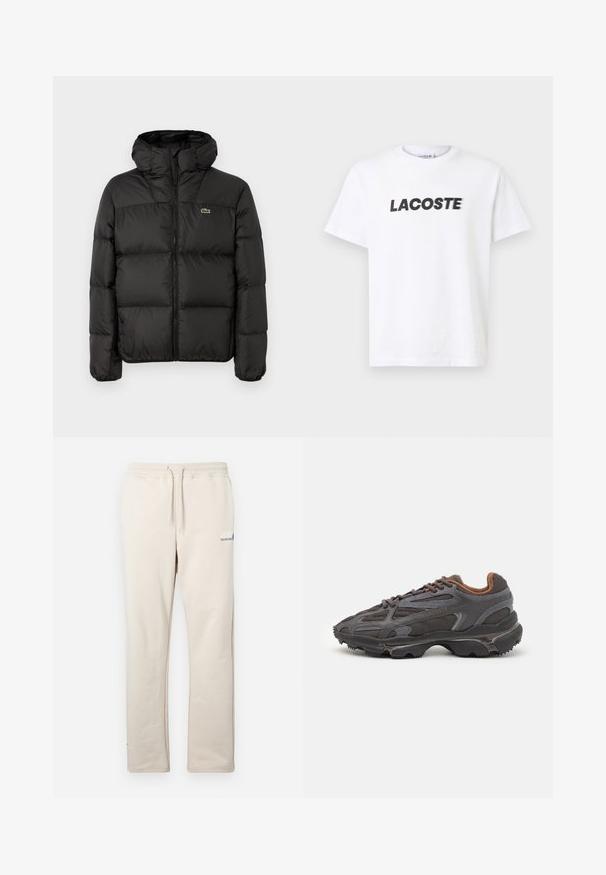 Schwarze Steppjacke mit Kapuze, mit einem Reißverschluss, gestepptem Design und einem kleinen grünen Logo auf der linken Brust. Glatte, gepolsterte Textur.; Weißes Baumwoll-T-Shirt mit einem auffälligen schwarzen "LACOSTE"-Logo auf der Brust. Kurzärmlig und mit Rundhalsausschnitt.; Beige Sweatpants aus weichem Material mit elastischem Bund und Kordelzug, geraden Beinen und kleinem blauen Logo-Detail.; Lacoste Sneaker in Dunkelgrau aus Mesh und Synthetikmaterial, mit einer strukturierten Sohle und braunen Akzenten am Kragen und Logo.